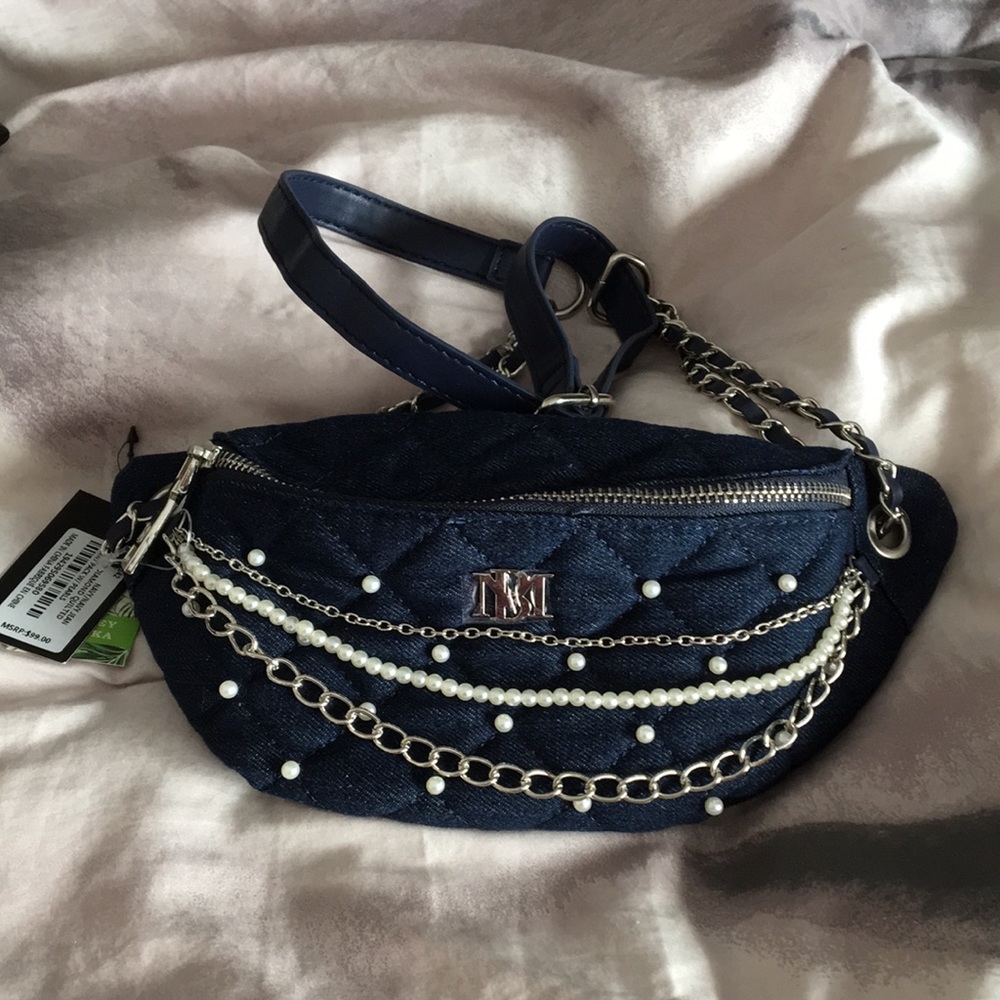 Badgley Mishka navy and denim waist pack Fannypack with pearls and chains